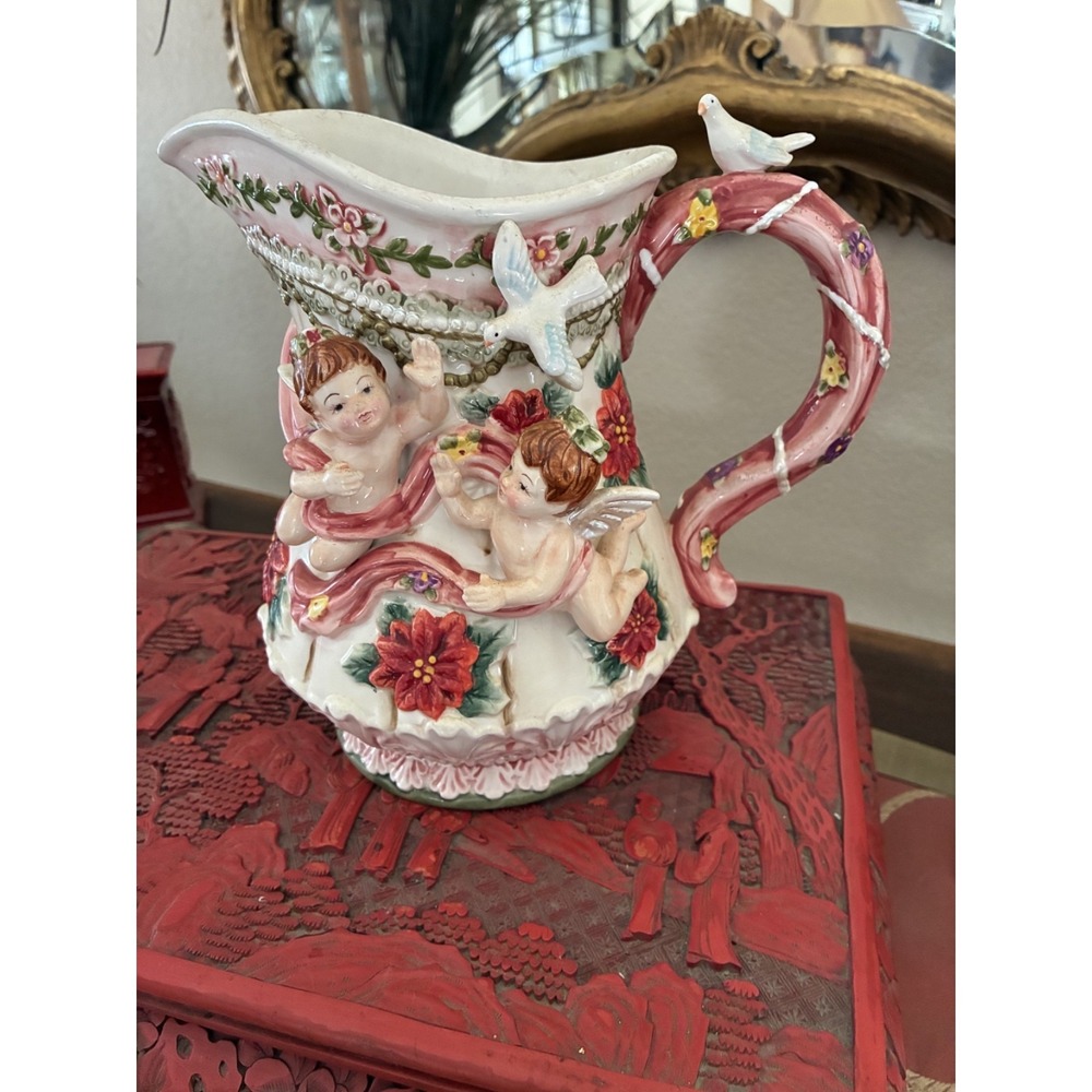 Cherub‎ and Dove Poinsettia-like Floral Motif Decorative Pitcher Fairy Celestial